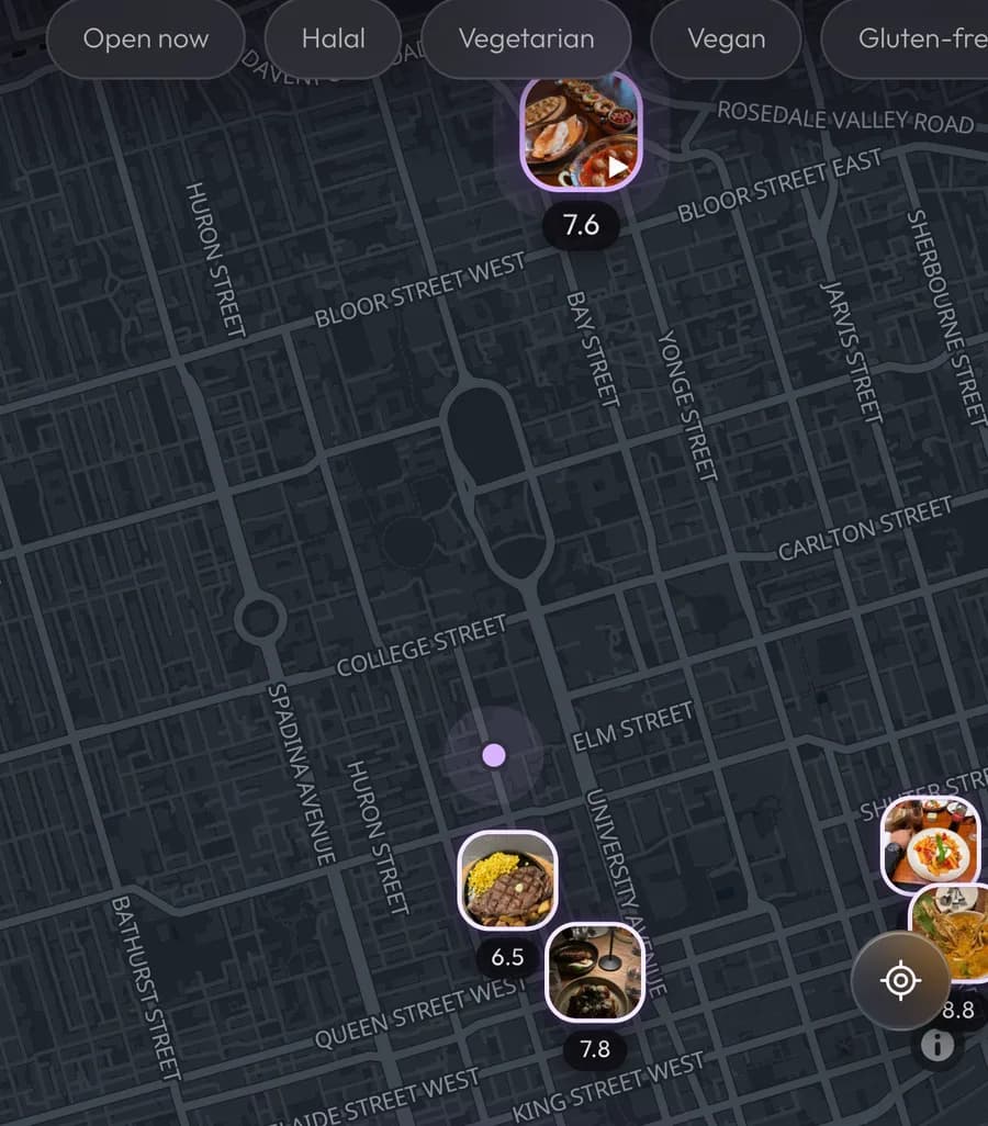 Mirch’s map of downtown Toronto with dishes pinned to the places they were eaten